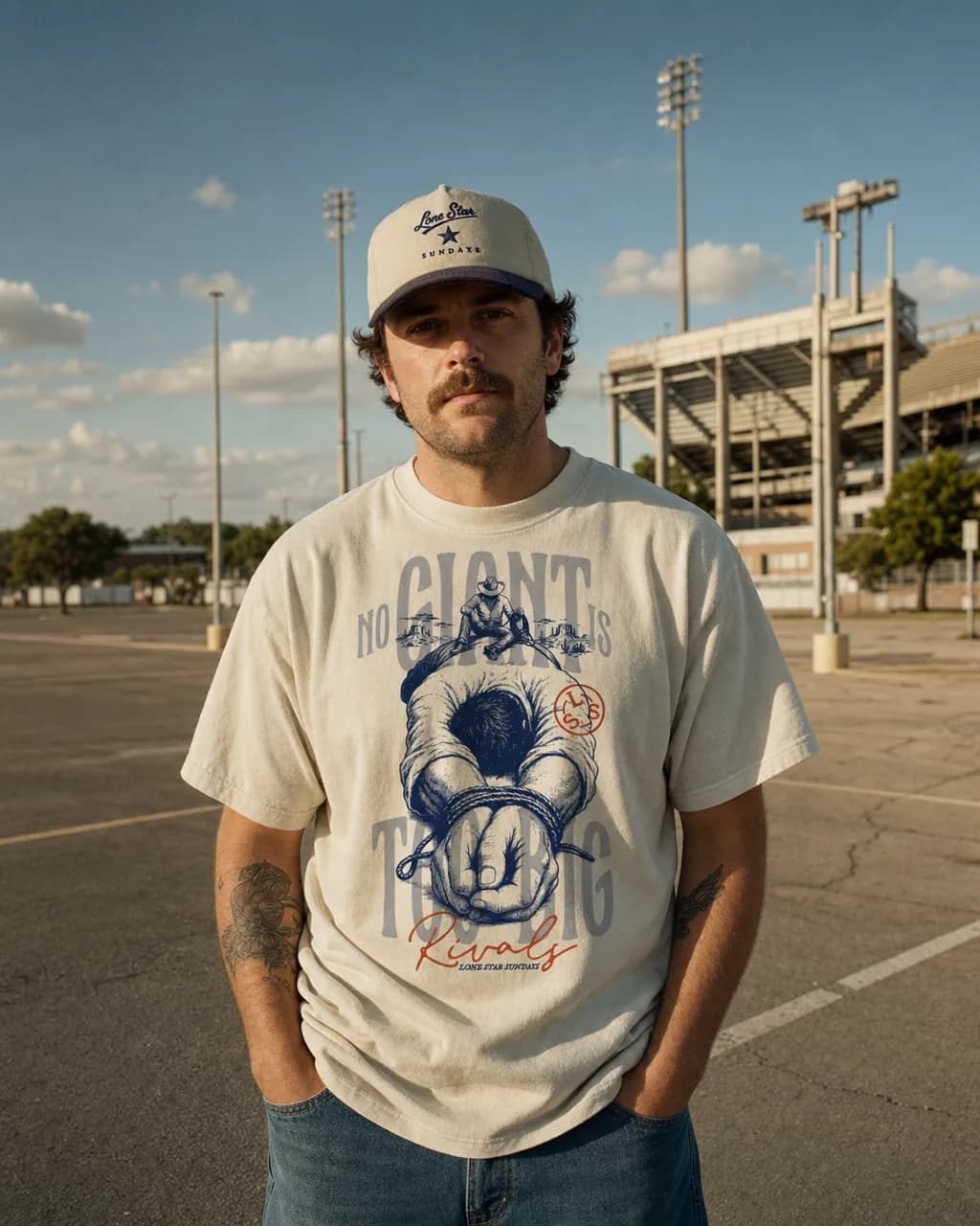 Fan in the No Giant Is Too Big cowboy tee at a stadium parking lot, vintage Dallas football apparel