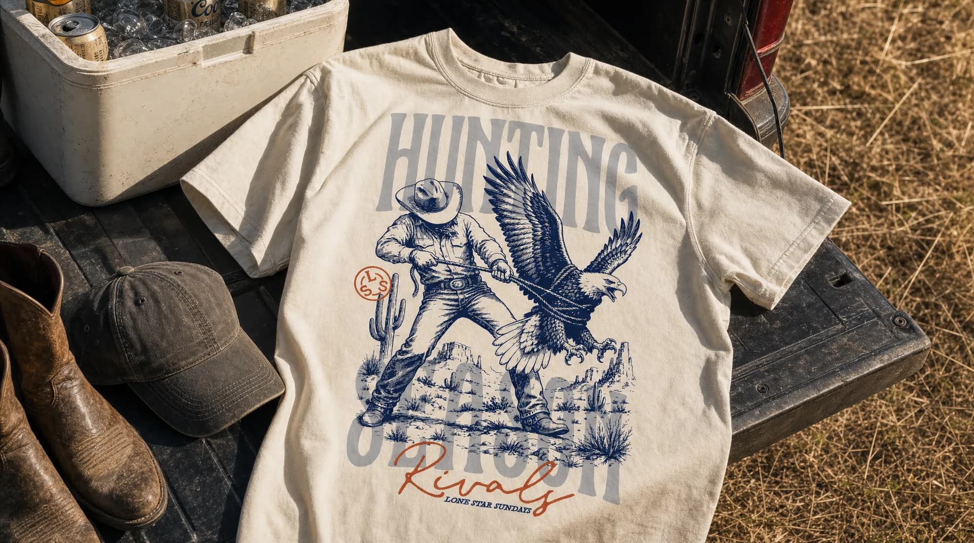 Cream Hunting Season fan tee laid on a tailgate with an ice chest and boots, vintage Texas apparel