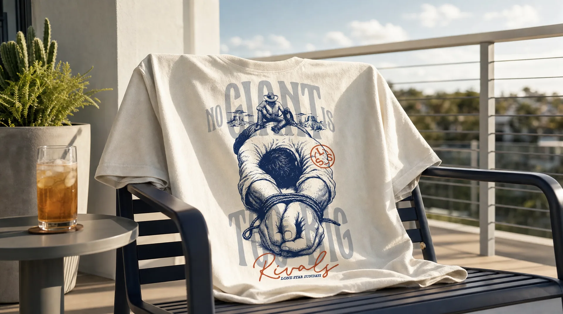 Cream No Giant Is Too Big fan tee on a modern porch chair, retro Dallas gameday shirt
