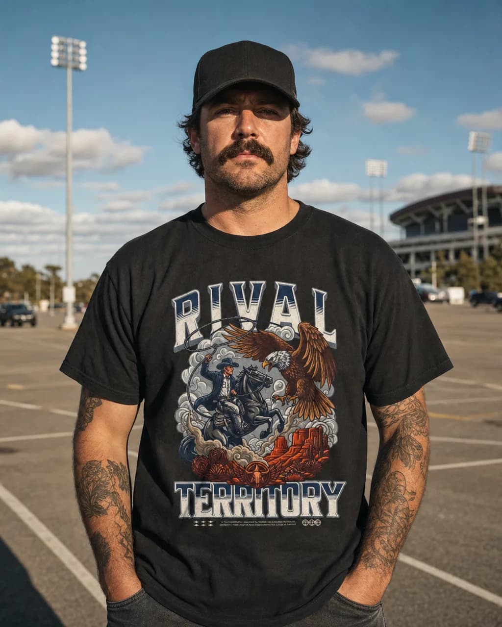 Man in a black Rival Territory western football tee standing in a stadium parking lot