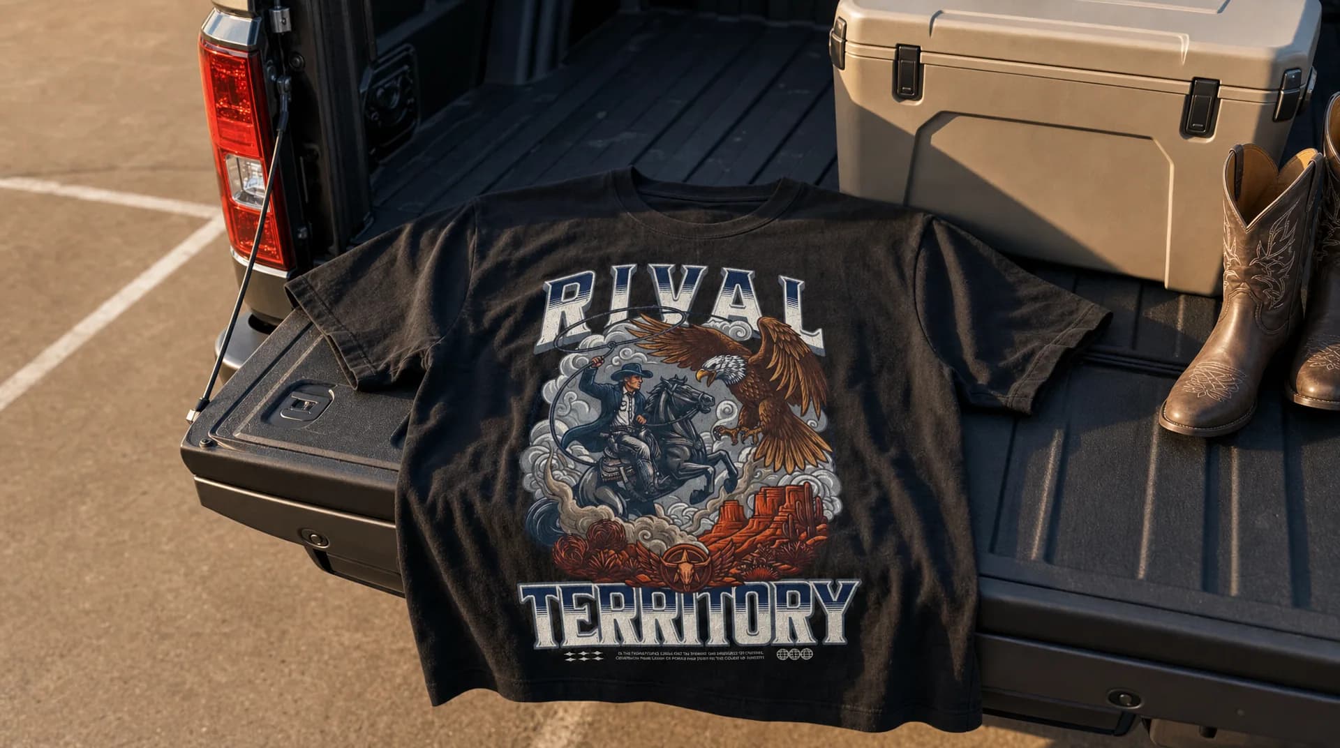 Black Rival Territory western graphic tee laid on a truck tailgate with boots and an ice chest